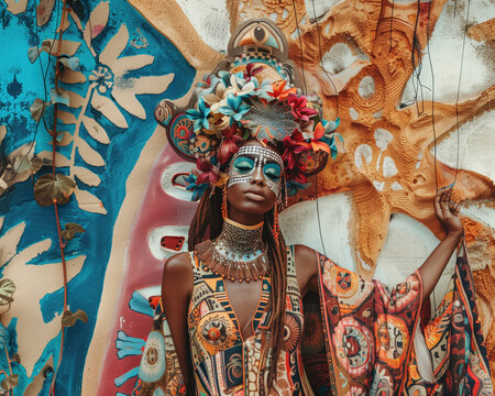 african model dressed in an imaginative summer dress in front of a wall with traditional ornaments