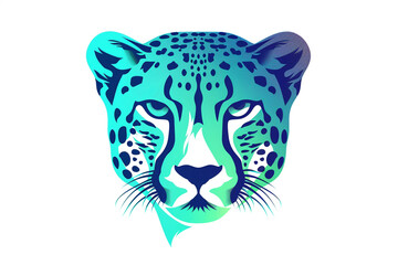 An eye-catching cheetah face icon in contrasting shades of electric blue and vibrant green, exuding modernity with its clean lines. Isolated on white background.
