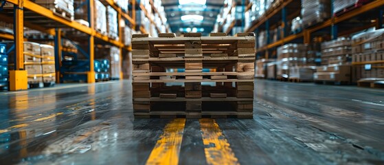 Industrial Rhythm: Pallets Poised in Warehouse Aisle. Concept Industrial, Rhythm, Warehouse, Pallets, Aisle