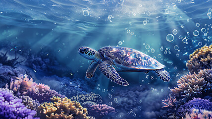 Obraz premium sea turtle swims gracefully among the coral reefs, its journey accentuated by bubbles and the filtered sunlight of the underwater world.