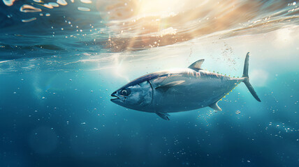 Fototapeta premium sleek tuna fish swim gracefully in the ocean's depths, illuminated by the ethereal glow of sunlight filtering through the water's surface copy space mockup