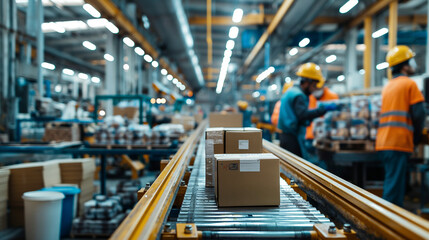 Industrial facilities buzz with activity as workers produce biodegradable packaging and compostable materials, exemplifying the innovative shift towards sustainable industrial prod - obrazy, fototapety, plakaty