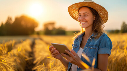 Surrounded by golden crops, a female farmer gestures enthusiastically towards her tablet, outlining a detailed growth strategy amidst the lush fields.
