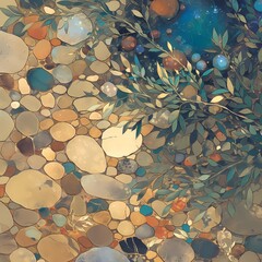 Delicate Mosaic of Stones and Leaves in a Serene Landscape Setting