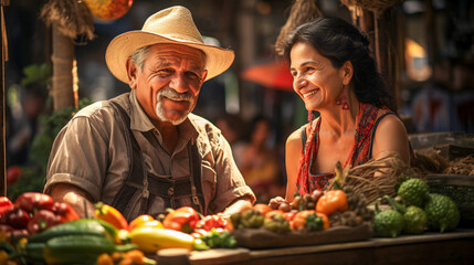 Old latin couple on a market selling vegetables, medium shot