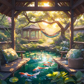 Peaceful Asian Garden with Tranquil Pond, Japanese Houses, and Swimming Goldfish
