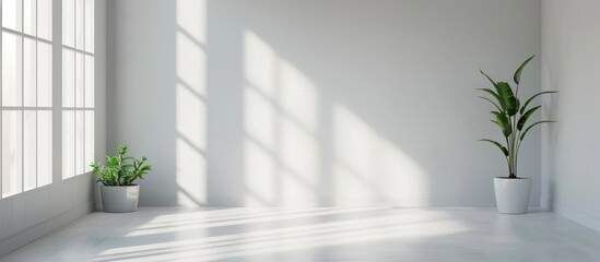 White studio background for displaying products, featuring a gray room with window shadows and a...