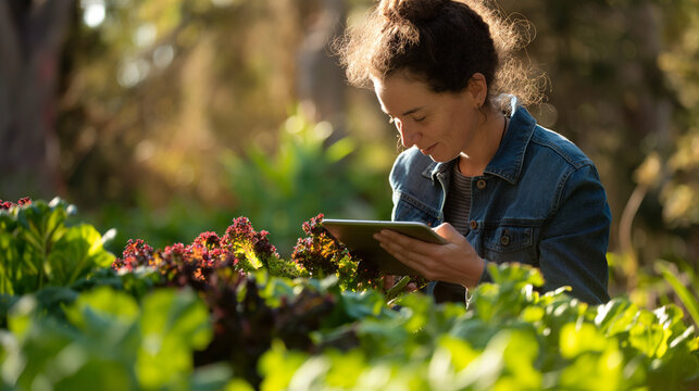 Amidst neat rows of salad greens, a woman organic farmer showcases pest management strategies on her tablet, engaging with fellow growers in the sunlit garden.