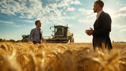Amidst a golden wheat field, a male farmer in a sharp suit leads a discussion on crop rotation strategies with colleagues, a towering combine harvester standing proudly in the back - obrazy, fototapety, plakaty