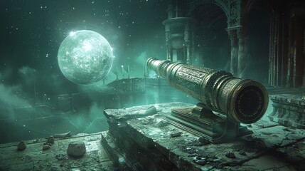 a towering antique brass telescope, capturing intricate celestial patterns Illuminate mysterious crystals and runic inscriptions on a weathered stone