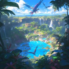 Spectacular Jungle Scene with Colorful Wildlife and Water Features - Perfect for Nature Lovers or Travel Advertisements