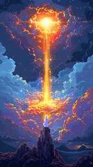 Illustrate the divine presence of Jesus through a pixel art depiction showcasing a surreal, panoramic view of his miraculous appearance - obrazy, fototapety, plakaty