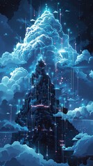 a mix of vector art and pixel art Show a mountain-like startup concept rising, with servers as building blocks, transforming into cloud formations