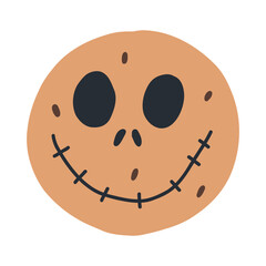 Spooky cookie with creepy face, cartoon flat vector illustration isolated on white background. Halloween trick or treat candy.