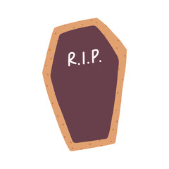 Hand drawn Halloween cookie in shape of coffin, cartoon flat vector illustration isolated on white background. Spooky trick or treat candy.
