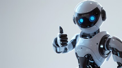 Friendly robot giving thumbs up on light background - obrazy, fototapety, plakaty