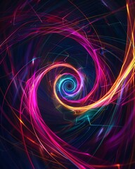 Spiral of luminous colorful lines forming a geometric galaxy, abstract art.