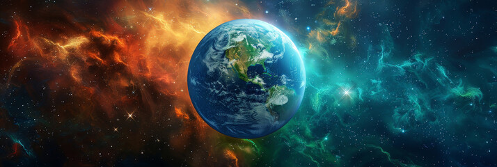  Earth with swirling green and blue energy in dark space,  nature's resilience against environmental challenges. 