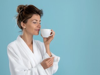 In a morning robe handsome woman  smelling a cup of coffee on a blue background , copy space for text 