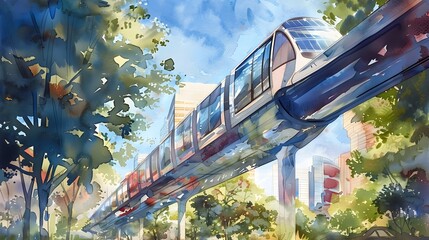 Solar-Powered Monorail Soars above City Park in Watercolor Art
