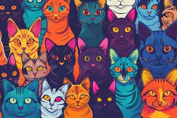 Colorful cartoon cats of various breeds and colors
