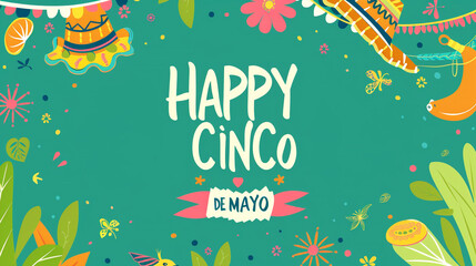 HAPPY CINCO DE MAYO lettering on dark green background. Happy Cinco de mayo Festival celebration on May 5. Flat illustration design for Flyer, Card, Post, Poster, Banner, Greeting. Mexican holiday.