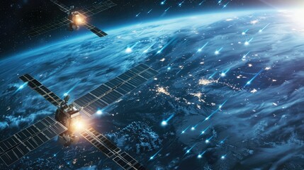 A next-generation satellite communications network, providing high-speed internet access and global connectivity with advanced satellite technology and ground station infrastructure. - obrazy, fototapety, plakaty