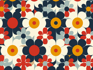 A colorful geometric floral pattern with a variety of flowers and leaves. Retro Scandinavian style.