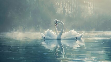 A pair of graceful swans, their elegant necks entwined as they glide across the calm surface of a tranquil lake. - obrazy, fototapety, plakaty