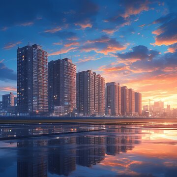 Dramatic Urban Architecture Against Stunning Sunset Horizon