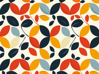 A colorful geometric floral pattern with a variety of flowers and leaves. Retro Scandinavian style.