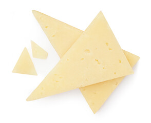 Cheese piece triangles  isolated on white background. Mature Gouda cheese top view. Flat lay.