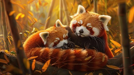 A pair of red pandas, cuddled together in a cozy embrace as they rest among the branches of a bamboo forest. - Powered by Adobe