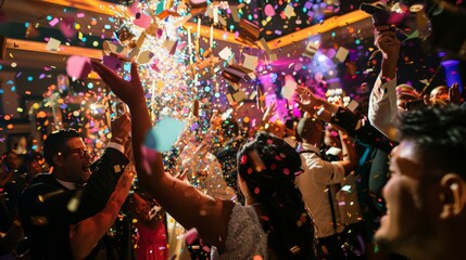 The glittering moment a confetti cannon explodes, showering the dance floor with shimmering colors, the crowd's uplifted faces caught in a snapshot of pure bliss.
