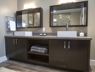 Bathroom double vanity modern with open shelf and light at bottom hotel style