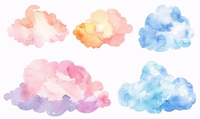 set of colorful watercolor cloud shapes isolated on white background