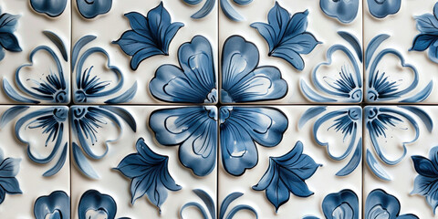Blue and white ceramic tile wall with floral and leaf pattern in the center - Powered by Adobe