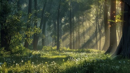 A secluded forest glade bathed in the soft light of dawn, a sanctuary of peace and tranquility untouched by time. - obrazy, fototapety, plakaty
