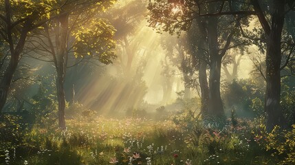 A secluded forest glade bathed in the soft light of dawn, a sanctuary of peace and tranquility untouched by time.
