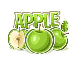 Vector logo for Green Apple, decorative horizontal poster with outline illustration of apple composition with green leaf, cartoon design fruity print with chopped apple with seeds on white background