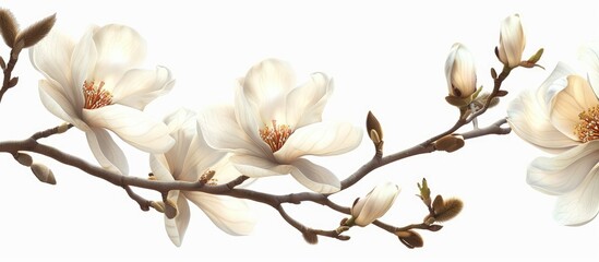Magnolia flower on a spring branch with a white background.