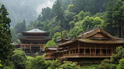 A serene Buddhist temple nestled amidst lush green mountains, with its traditional wooden...