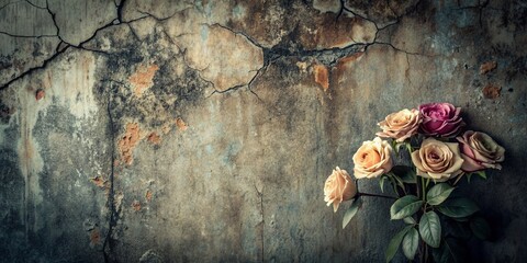 Gothic-style background featuring a cracked wall and weathered roses.