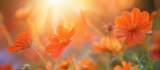 Beautiful orange cosmos flowers blooming in close-up against a blurred background in the morning...