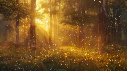 A serene forest glade bathed in the golden light of sunset, where the air is alive with the songs of birds and the hum of insects.