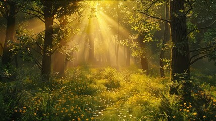 A serene forest glade bathed in the golden light of sunset, where the air is alive with the songs of birds and the hum of insects. - obrazy, fototapety, plakaty