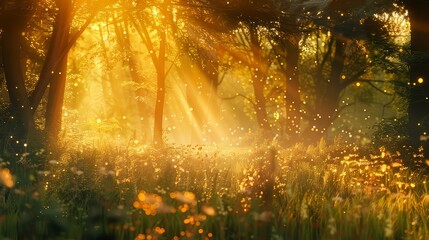 A serene forest glade bathed in the golden light of sunset, where the air is alive with the songs of birds and the hum of insects. - obrazy, fototapety, plakaty