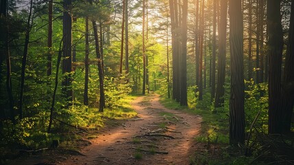 A serene forest trail, with sunlight filtering through the trees and the sound of birdsong filling...