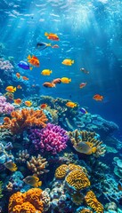 Naklejka na ściany i meble Underwater Coral Reef A vibrant underwater scene showing a colorful coral reef with tropical fish, full of life and color