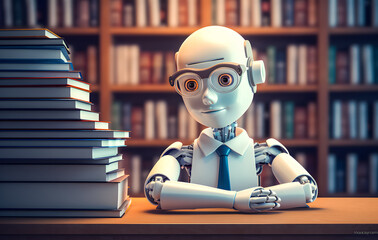 AI humanoid robot is studying and reading books in the library. AI machine learning. future concept